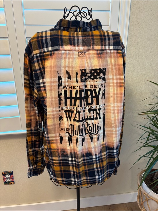 Handmade Tops - Handmade one of a kind Country Music Graphic Back Plaid Flannel Shirt